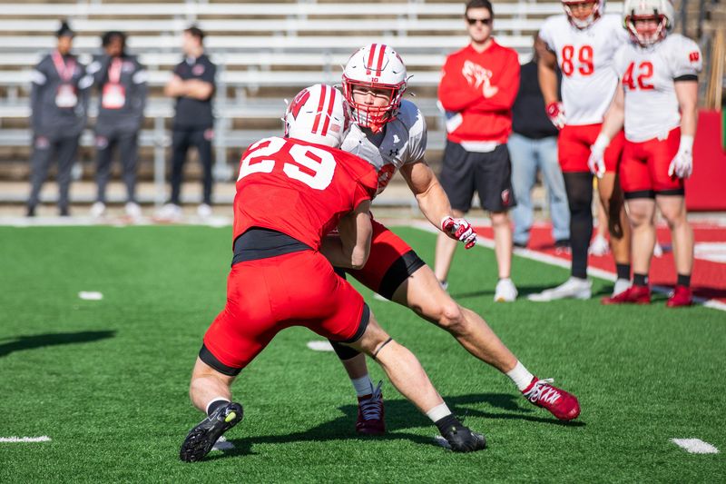 Wisconsin safety Matt Jung, shown during a Wisconsin practice April 16, had an interception during practice Tuesday, April 21.