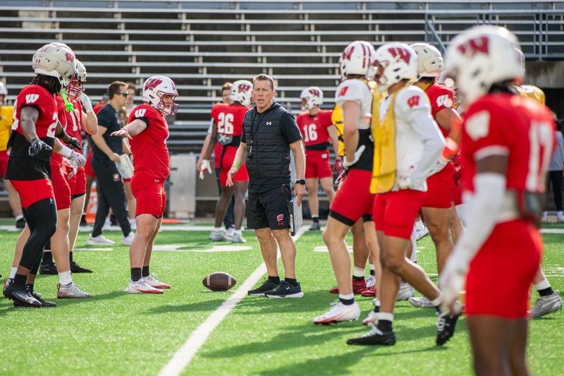 Wisconsin special teams coordinator Bob Ligashesky oversees a drill during the Badgers' ninth spring practice at Camp Randall Stadium in Madison on April 16, 2026.