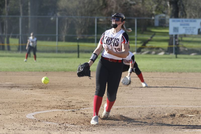 Lomira's Haleigh Caspary throws a pitch against Laconia at Tom Halfman Memorial Field in Rosendale on Thursday, April 16, 2026. Lomira beat Laconia, 3-0.