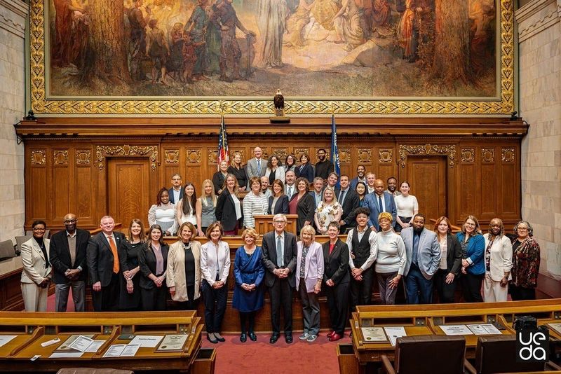 Recipients for the 2025 Governor’s Financial Literacy Awards pose for a photo at the state capitol in Madison, Wisconsin, on Friday, April 10. Riverworks Development Corporation, an organization primarily focused on Riverwest and Harambee neighborhoods, received one of the awards for its success in offering a free financial clinic in collaboration with the City of Milwaukee Financial Empowerment Center.