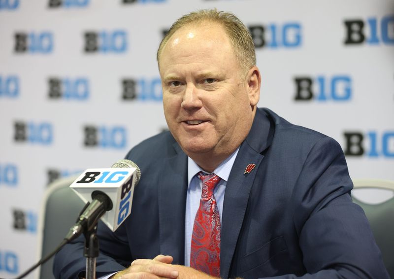 Oct 9, 2025; Rosemont, IL, USA; Wisconsin head coach Greg Gard speaks during Big Ten MenÕs Basketball Media Days at the Donald E. Stephens Convention Center. Mandatory Credit: Talia Sprague-Imagn Images