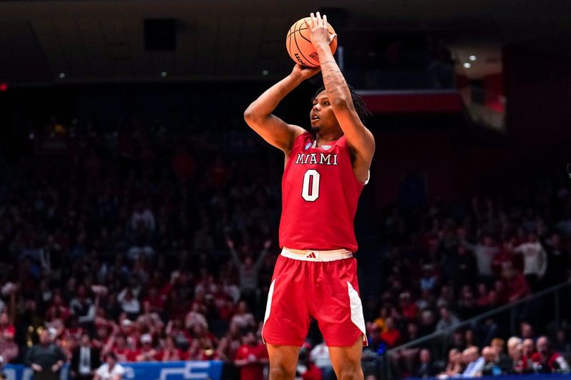 Miami (OH) RedHawks wing Eian Elmer (0) jumps to shoot from three point range in the first half of the NCAA Tournament First Four game between the Miami Redhawks and Southern Methodist University Mustangs, Wednesday, March 18, 2026, at University of Dayton Arena in Dayton, Oh.