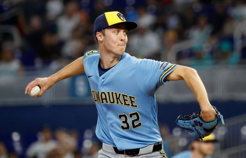 Apr 19, 2026; Miami, Florida, USA; Milwaukee Brewers starting pitcher Jacob Misiorowski (32) throws against the Miami Marlins during the first inning at loanDepot Park. Mandatory Credit: Rhona Wise-Imagn Images
