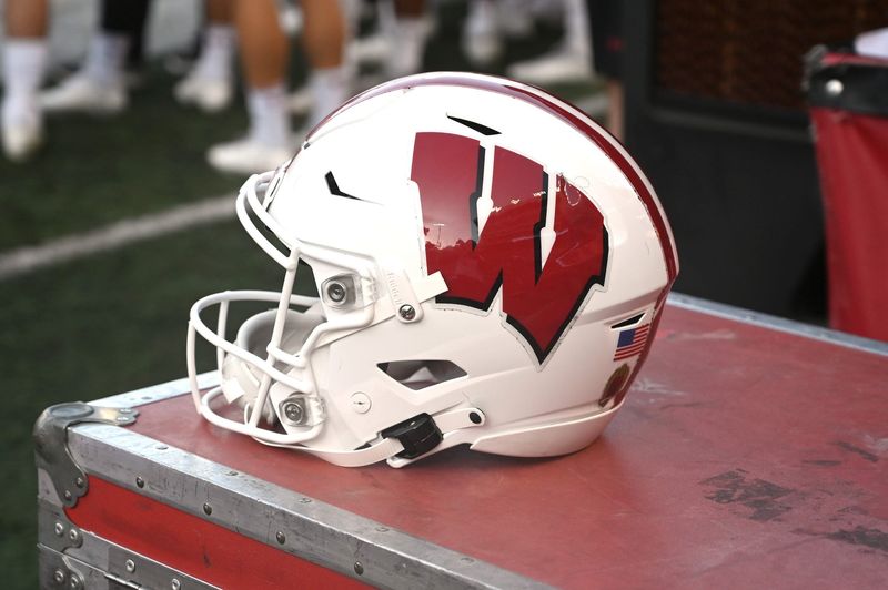 Sep 9, 2023; Pullman, Washington, USA; Wisconsin Badgers helmet sits during a game against the Washington State Cougars in the first half at Gesa Field at Martin Stadium. Mandatory Credit: James Snook-USA TODAY Sports