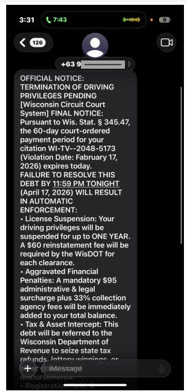A phishing scam is targeting Wisconsin consumers with fake texts claiming to be from the Wisconsin Department of Transportation.