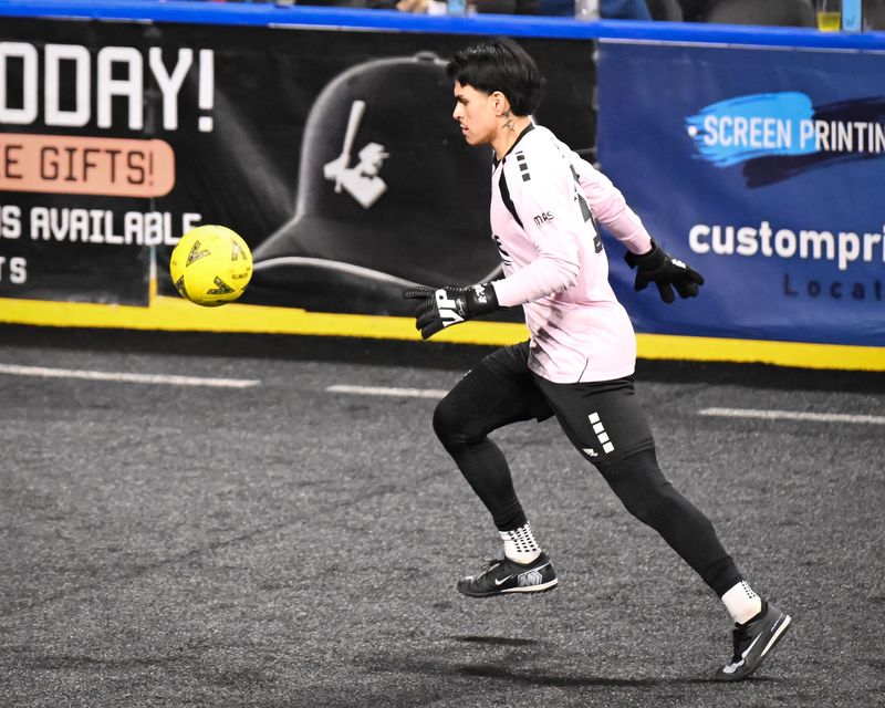 Milwaukee Wave rookie goalkeeper Gerardo Perez advances the ball as the sixth attacker in a playoff game against the Baltimore Blast.