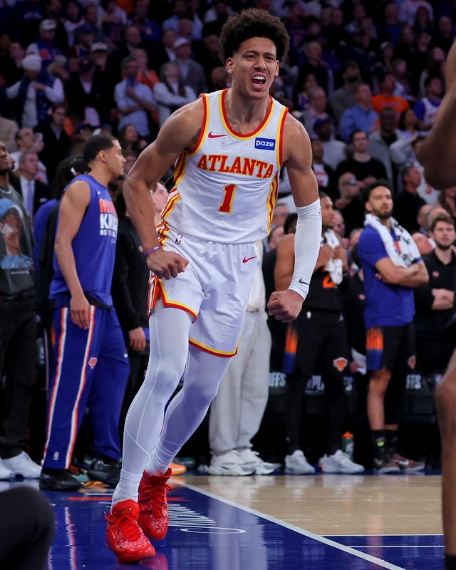 Jalen Johnson reacts after a basket against the New York Knicks during Game 2.