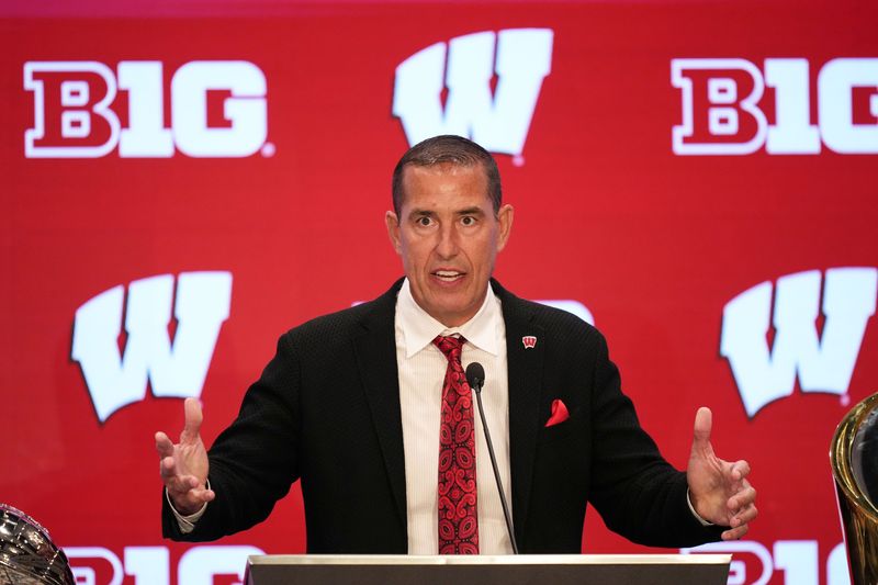 Jul 23, 2025; Las Vegas, NV, USA; Wisconsin head coach Luke Fickell speaks to the media during the Big Ten NCAA college football media days at Mandalay Bay Resort. Mandatory Credit: Lucas Peltier-Imagn Images