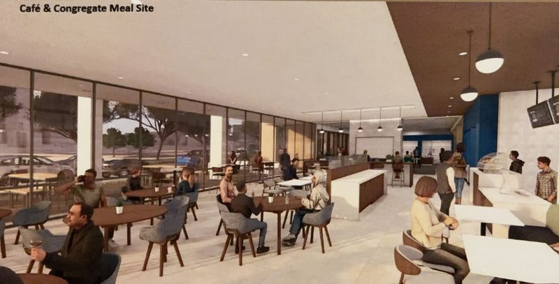 A rendering shows the dining area for the Grounded Cafe and Third on the Square project.