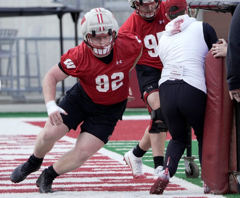 Wisconsin defensive lineman Nolan Vils (92) is shown during spring football practice Tuesday, April 21, 2026 at Camp Randall Stadium in Madison, Wisconsin.