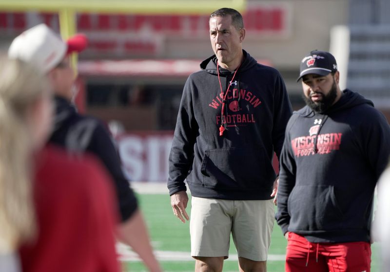 Wisconsin head coach Luke Fickell is shown during spring football practice Tuesday, April 21, 2026 at Camp Randall Stadium in Madison, Wisconsin.