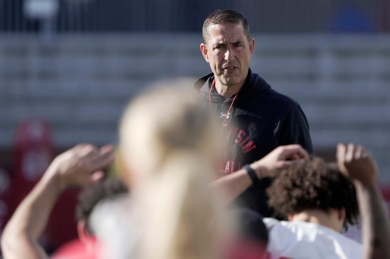 Wisconsin head coach Luke Fickell is shown during spring football practice Tuesday, April 21, 2026 at Camp Randall Stadium in Madison, Wisconsin.