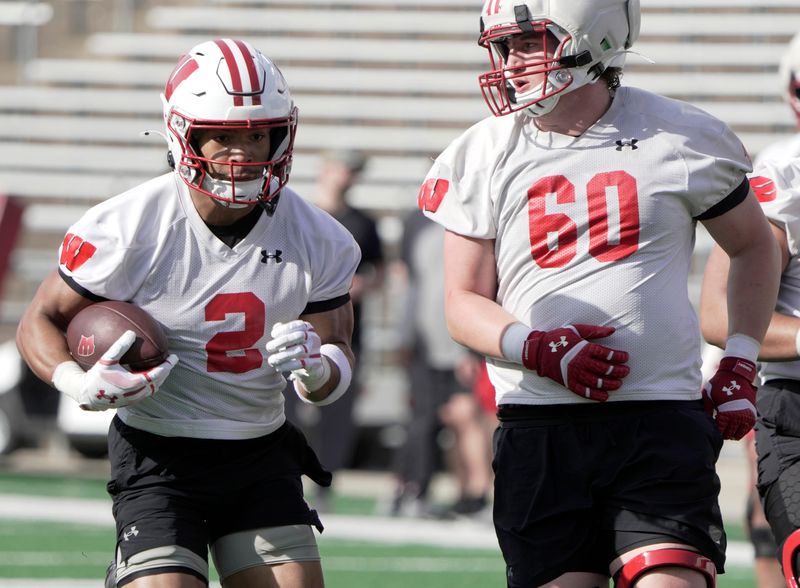 Wisconsin wide receiver Chris Brooks Jr. (2) is shown during spring football practice Tuesday, April 21, 2026 at Camp Randall Stadium in Madison, Wisconsin.