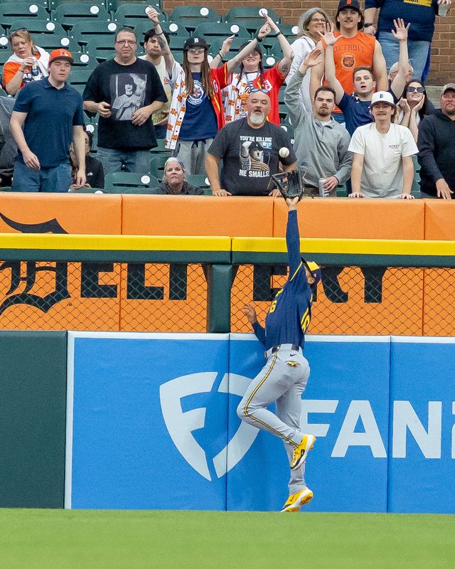 Brewers left fielder Blake Perkins (16) robs a home run from Tigers designated hitter Jahmai Jones during the third inning on Tuesday, April 21 at Comerica Park in Detroit.