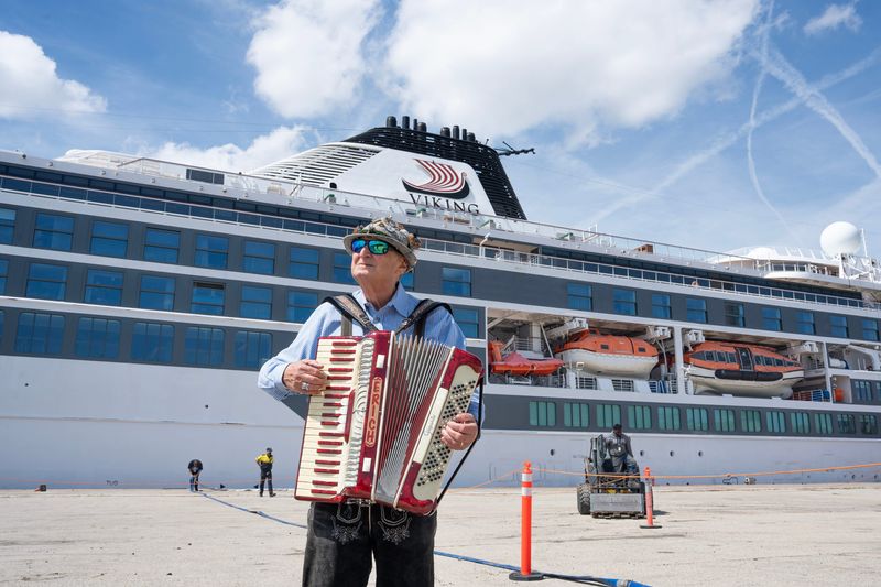 Erich Adam welcomes guests of the Viking Polaris from Toronto to the city at Port Milwaukee's Heavy Lift Dock on the morning of April 23, 2026 in Milwaukee, Wisconsin.