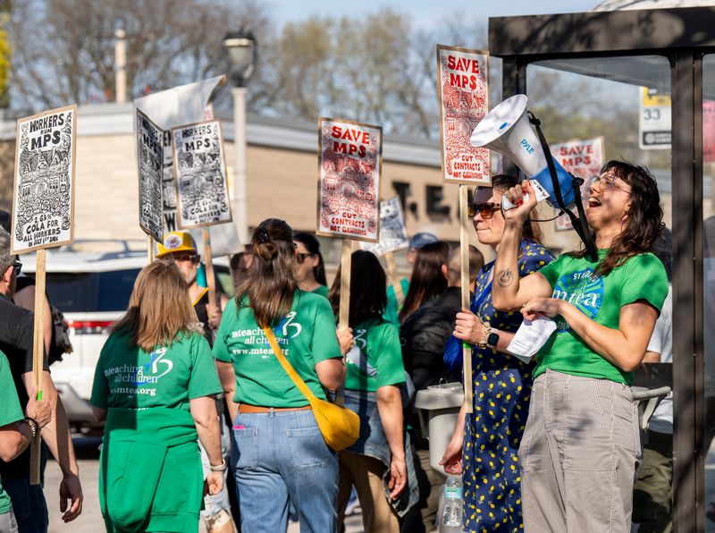 Milwaukee Teachers’ Education Association members protest in front of the Milwaukee Public Schools Central Office on Thursday April 23, 2026 at in Milwaukee, Wisconsin. The union is demanding full cost-of-living salary increases and urging MPS officials to prioritize students and workers in the 2026-27 budget.