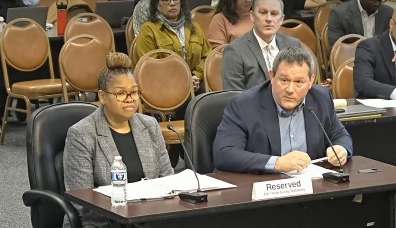 Chief Human Resources Officer Margo Franklin (left) and Policy Director Jeremy Lucas (right) answer questions from county supervisors about a lapse in the county's health care administration contract during an emergency committee meeting Feb. 2.