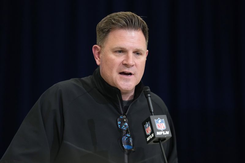 Feb 24, 2026; Indianapolis, IN, USA; Green Bay Packers general manager Brian Gutekunst speaks at the NFL Scouting Combine at the Indiana Convention Center. Mandatory Credit: Kirby Lee-Imagn Images