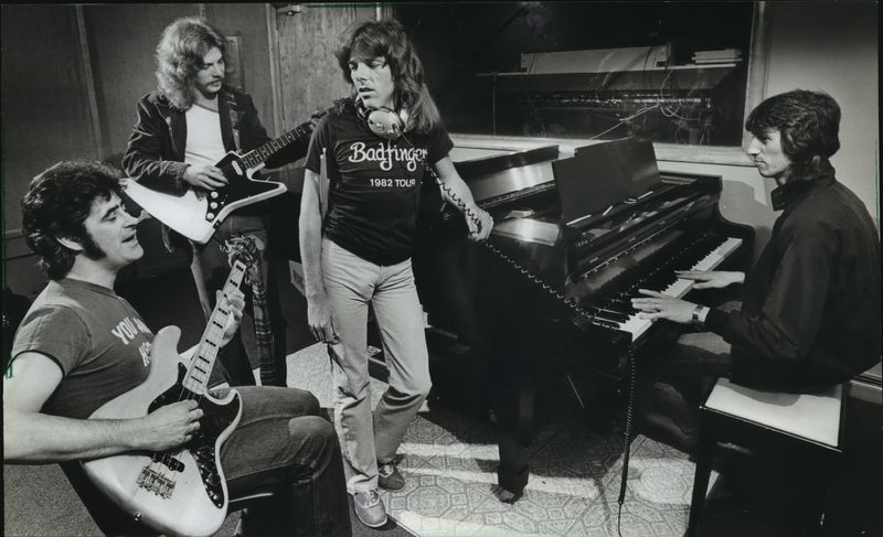 A 1982 photo shows the then-current Badfinger lineup of (from left) bassist Tom Evans, guitarist Adam Allen, drummer Mike Gibbins and keyboardist Bob Jackson.