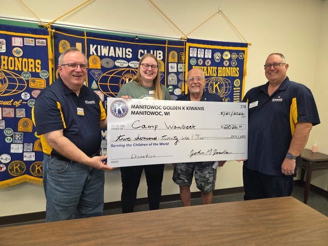 The Manitowoc Golden K Kiwanis Club presented a $2,026 check to Camp Wawbeek during its April 21 meeting. Pictured from left are Phil Stengel, secretary; Amanda Verhagen, director of Camp Wawbeek; Ron Krupski, Golden K president; and Fitz Fitzpatrick, Lt. Governor of the Wisconsin District.