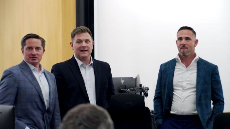 Green Bay Packers president Ed Policy, left; general manager Brian Gutekunst, center, and head coach Matt LaFleur are in the draft room during the first round on Thursday, April 23.