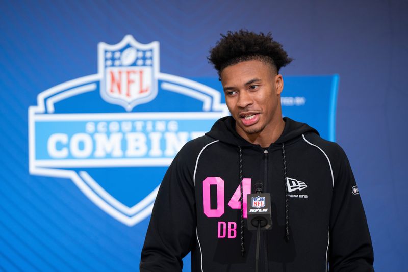 Feb 26, 2026; Indianapolis, IN, USA; South Carolina defensive back Brandon Cisse (DB04) speaks to members of the media during the NFL Combine at the Indiana Convention Center. Mandatory Credit: Jacob Musselman-Imagn Images
