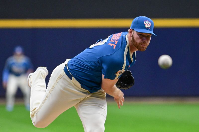 Apr 24, 2026; Milwaukee, Wisconsin, USA; Milwaukee Brewers starting pitcher Brandon Woodruff (53) throws a pitch in the first inning against the Pittsburgh Pirates at American Family Field. Mandatory Credit: Benny Sieu-Imagn Images