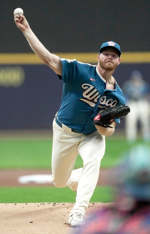 Milwaukee Brewers pitcher Brandon Woodruff (53) throws during the first inning of their game against the Pittsburgh Pirates Friday, April 24, 2026 at American Family Field in Milwaukee, Wisconsin.