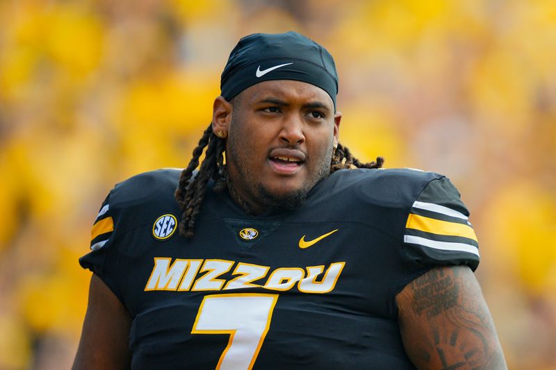Sep 6, 2025; Columbia, Missouri, USA; Missouri Tigers defensive tackle Chris McClellan (7) prior to a game against the Kansas Jayhawks at Faurot Field at Memorial Stadium. Mandatory Credit: Jay Biggerstaff-Imagn Images