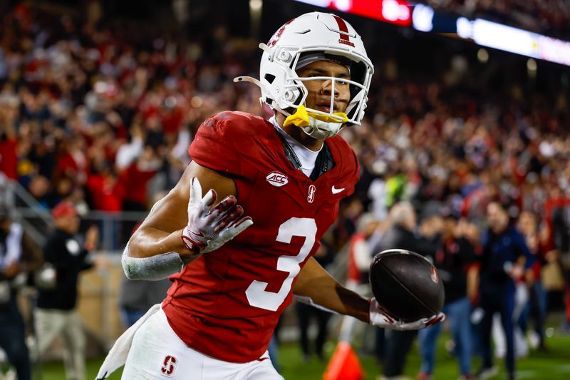 Nov 22, 2025; Stanford, California, USA; Stanford Cardinal wide receiver CJ Williams (3) celebrates after catching a touchdown pass during the fourth quarter against the California Golden Bears at Stanford Stadium. Mandatory Credit: Sergio Estrada-Imagn Images