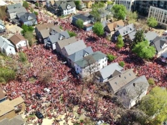 An aerial view of the Mifflin Street Block Party on April 25, 2026. Madison police estimate about 15,000 to 20,000 people attended, the largest crowd in several years.