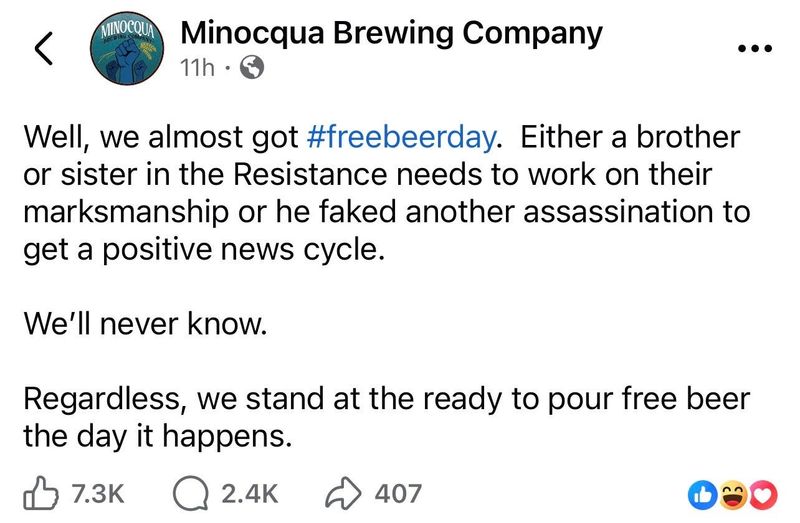An April 25 Facebook post from Kirk Bangstad's Minocqua Brewing Company promotes the idea of assassinating President Donald Trump.