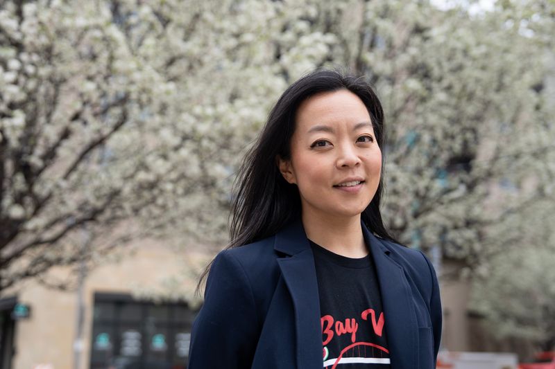 Democratic governor candidate Francesca Hong stands for a portrait outside of the restaurant DanDan during a campaign event on the afternoon of April 26, 2026, in Milwaukee, Wisconsin.