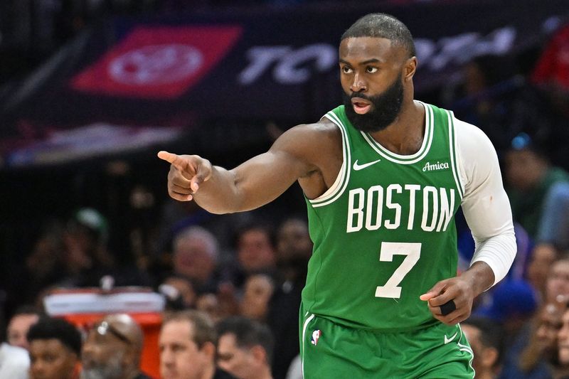 Apr 26, 2026; Philadelphia, Pennsylvania, USA; Boston Celtics guard Jaylen Brown (7) reacts after making a three point basket against the Philadelphia 76ers during the second half at Xfinity Mobile Arena. Mandatory Credit: Eric Hartline-Imagn Images