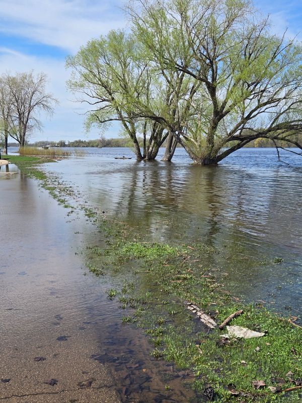 The Fox River's high water covers a sidewalk April 26, 2026, at Rainbow Memorial Park in Oshkosh, Wis. The city of Oshkosh recently announced a state of emergency due to high water levels and flooding risk from the Fox River and Lake Winnebago.