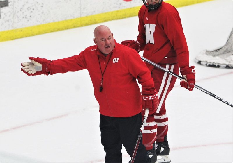 Wisconsin men's hockey coach Mike Hastings guides the team through practice at La Bahn Arena in Madison, Wis. at Tuesday Sept. 26, 2026.