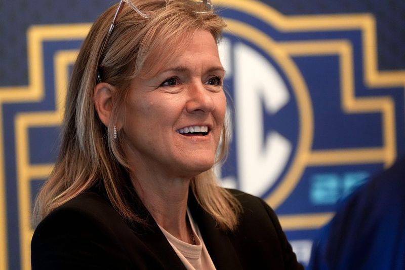 Missouri head coach Robin Pingeton waits in the lobby before going to interviews during SEC Media Day at the Grand Bohemian Hotel in Mountain Brook Tuesday, Oct. 16, 2024.