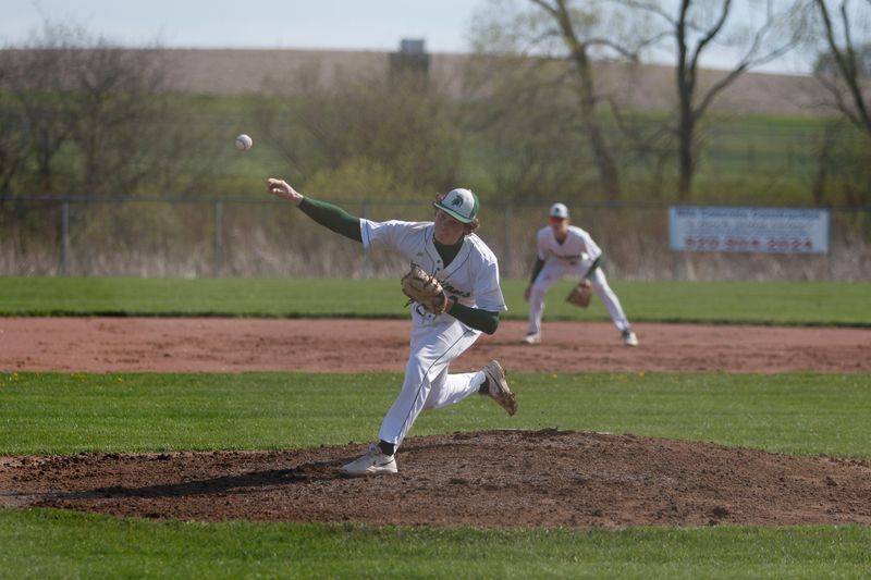 Laconia's Tillman Madigan throws a pitch against Mayville at Laconia on Tuesday, April 28, 2026. Laconia beat Mayville, 5-2.