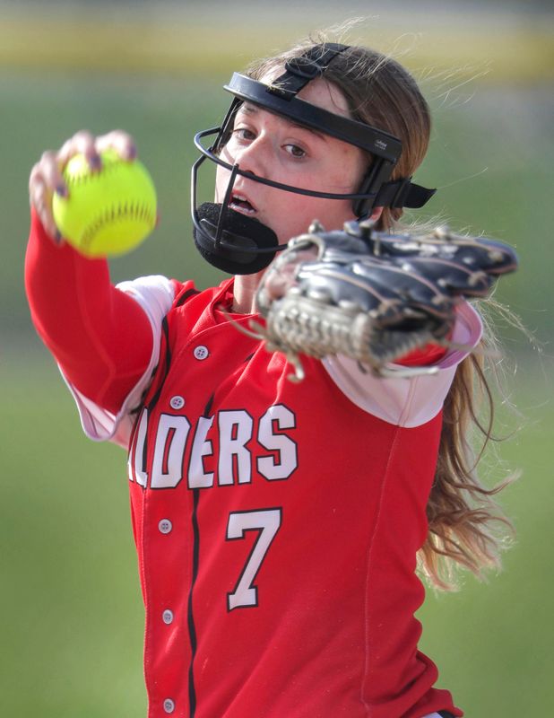 Valders’ Megan Hochkammer (7) serves a pitch to Sheboygan Falls at Valders, Tuesday, April 28, 2026, in Valders, Wis.