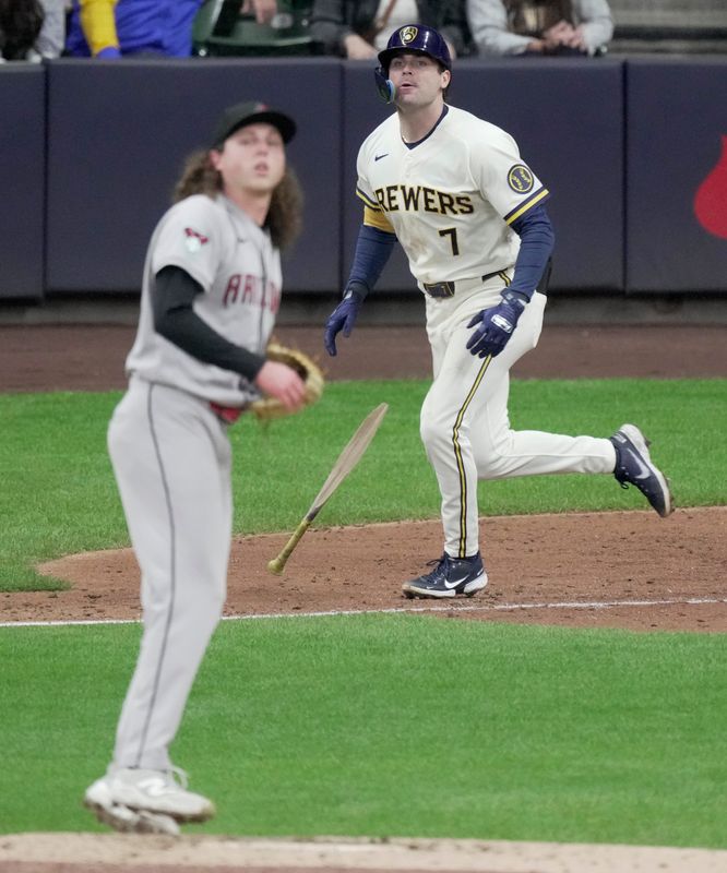 Milwaukee Brewers third baseman Tyler Black (7) hits a broken bat single for an RBI off of Arizona Diamondbacks pitcher Andrew Hoffmann (56) during the sixth inning of their game Thursday, April 28, 2026 at American Family Field in Milwaukee, Wisconsin.



Mark Hoffman/Milwaukee Journal Sentinel