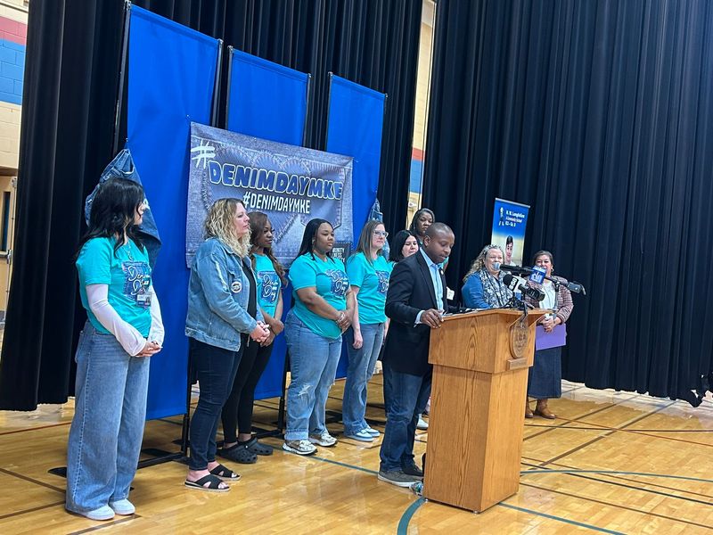 Mayor Cavalier Johnson speaks at a Denim Day event held at H.W. Longfellow School April 29.