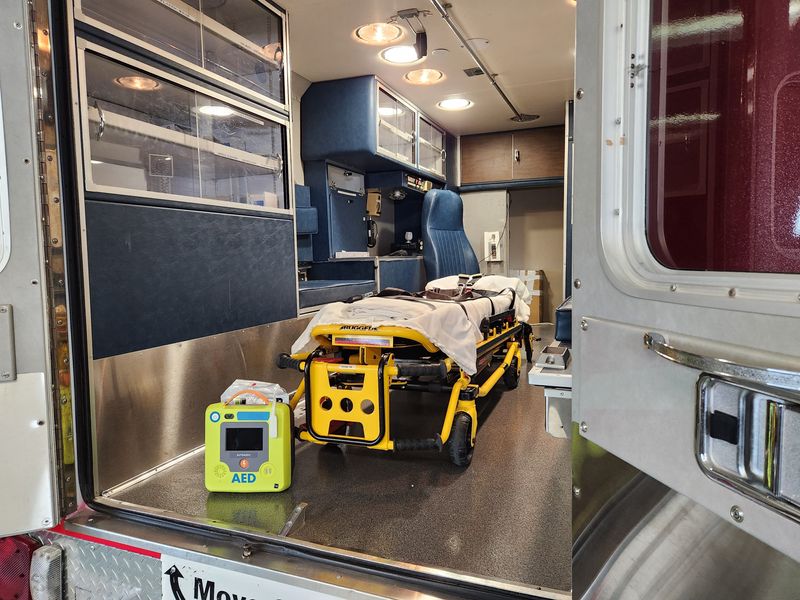 An AED sits inside an ambulance at the FVTC Public Safety Center in Appleton, WI on April 29, 2026.