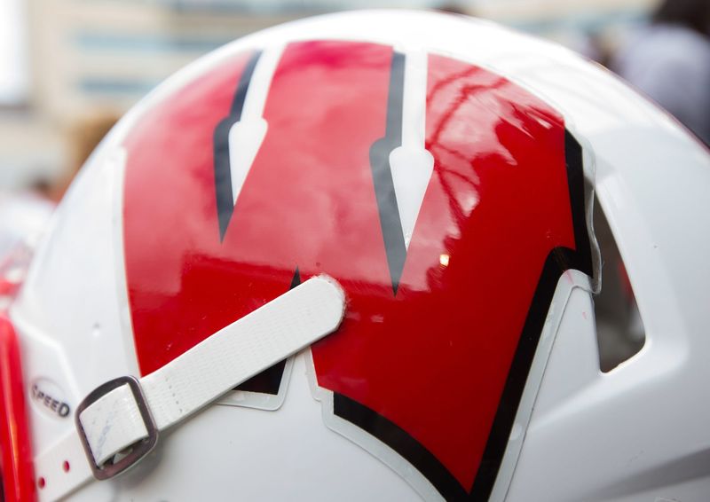 Sep 21, 2013; Madison, WI, USA; A Wisconsin Badgers helmet during warmups prior to the game against the Purdue Boilermakers at Camp Randall Stadium. Wisconsin defeated Purdue 41-10. Mandatory Credit: Jeff Hanisch-USA TODAY Sports