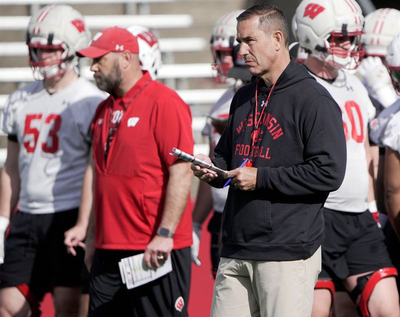 Wisconsin head coach Luke Fickell is shown during spring football practice Tuesday, April 21, 2026 at Camp Randall Stadium in Madison, Wisconsin.