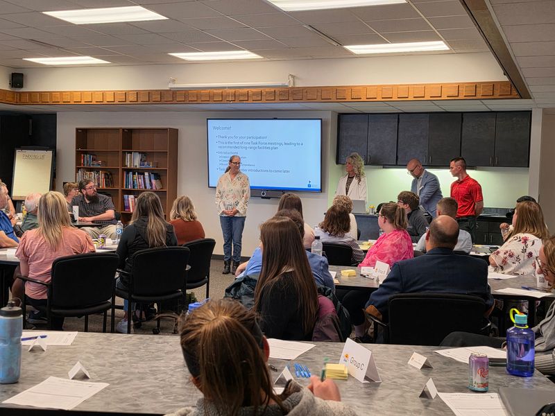 Meg Erler, SPAPSD school board president, and Cori Hirsbrunner, superintendent, speak on April 29, 2026 to the #PointProud Schools 2040 community task force charged by the SPAPSD school board to develop long-term facility planning options.