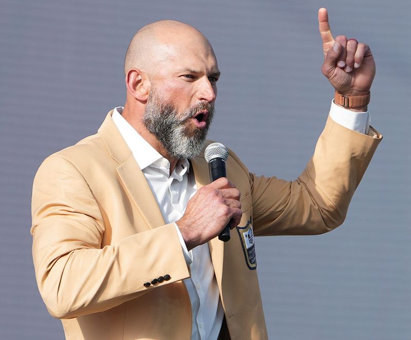 Cleveland Browns legend and NFL Hall of Fame Joe Thomas fires up the audience at the Cleveland Browns groundbreaking ceremony for the new Huntington Bank Field in Brook Park, Ohio on April 30, 2026.