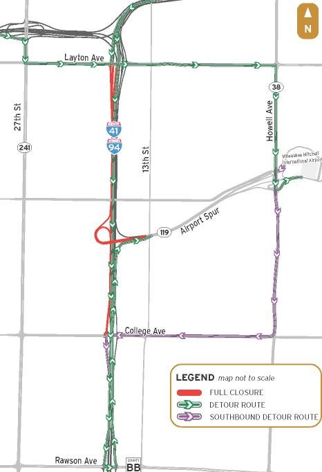 Planned closures and detours at the Mitchell Interchange and Interstate 41 for the May 1 weekend.