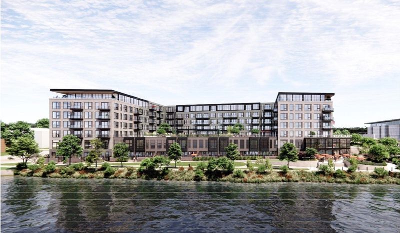 A $70 million mixed-use development proposed for the 100 block of South Broadway Street in De Pere as seen from the Fox River. The plan includes apartments, condominiums, commercial space and an would convert Front Street into a pedestrian focused riverfront space.