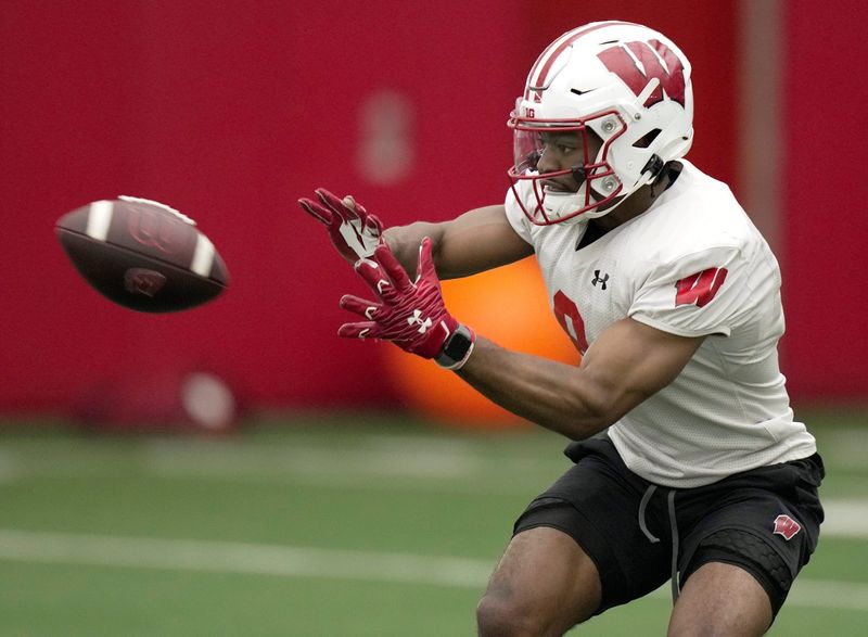 Wisconsin wide receiver Vinny Anthony II (8) is shown during spring football practice Wednesday, April 23, 2025 in Madison, Wisconsin.

Mark Hoffman/Milwaukee Journal Sentinel