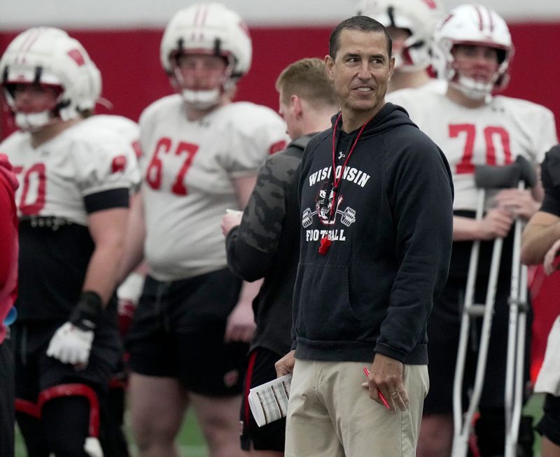 Wisconsin head football coach Luke Fickell is shown during spring football practice Thursday, April 3, 2025 in Madison, Wisconsin.